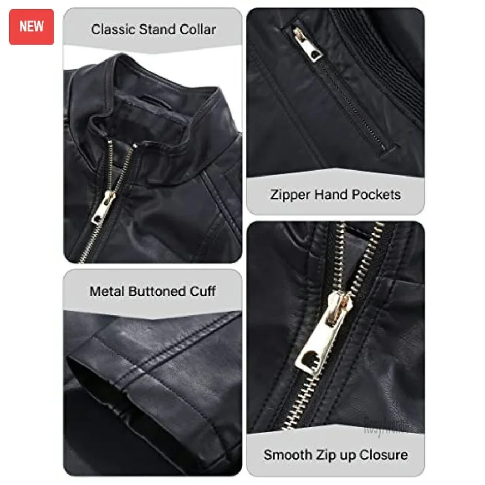 Faux Leather Motorcycle Jacket with Quilted Design and Pockets - Picture 7 of 8